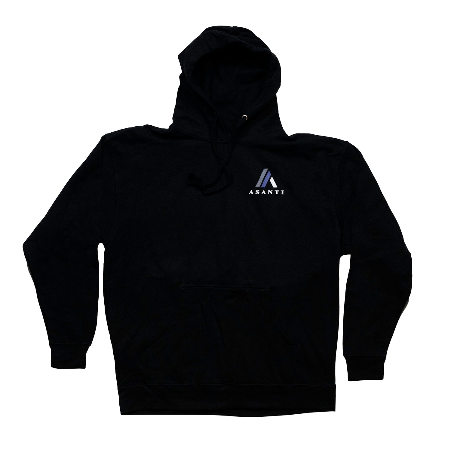 Black Asanti hoodie featuring a large white logo on the front, available in a stylish and comfortable fit.
