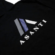 Asanti LOGO Hoodie featuring a prominent logo on the chest in black, set against a light gray fabric background.
