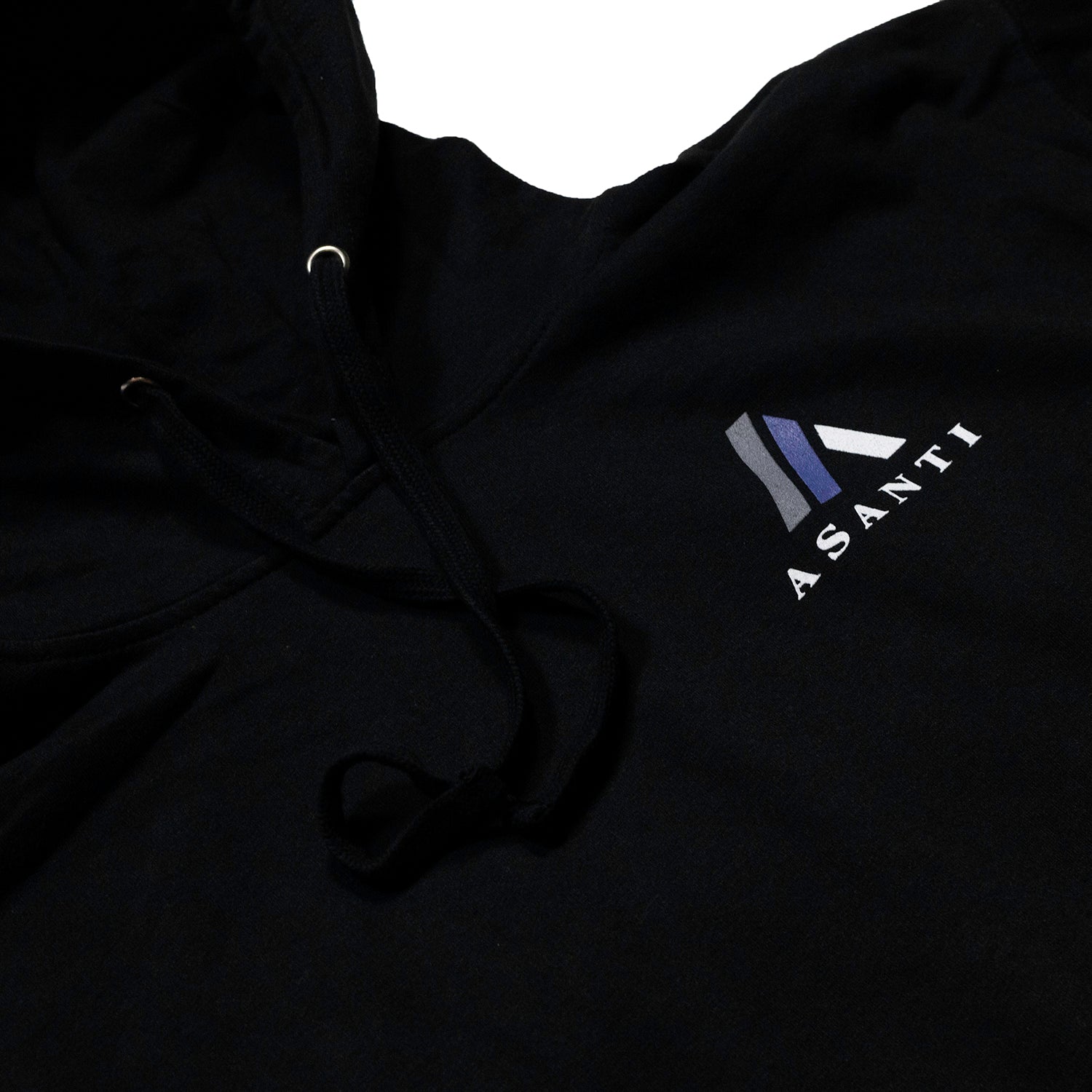Black Asanti logo hoodie featuring a bold white logo on the chest.