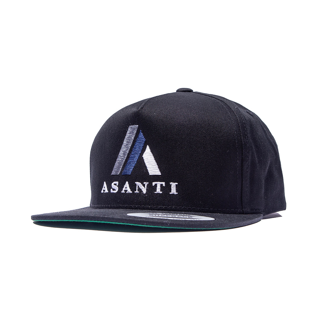 Black Asanti Logo Snapback Hat with angled front view showcasing the embroidered logo.