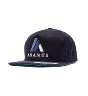 Black Asanti Logo Snapback Hat with angled front view showcasing the embroidered logo.