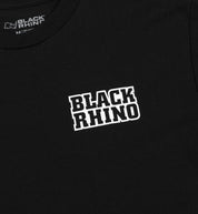 Black Rhino FLYER Short Sleeve Tee in black, featuring a minimalistic logo design on the chest, displayed on a white background.