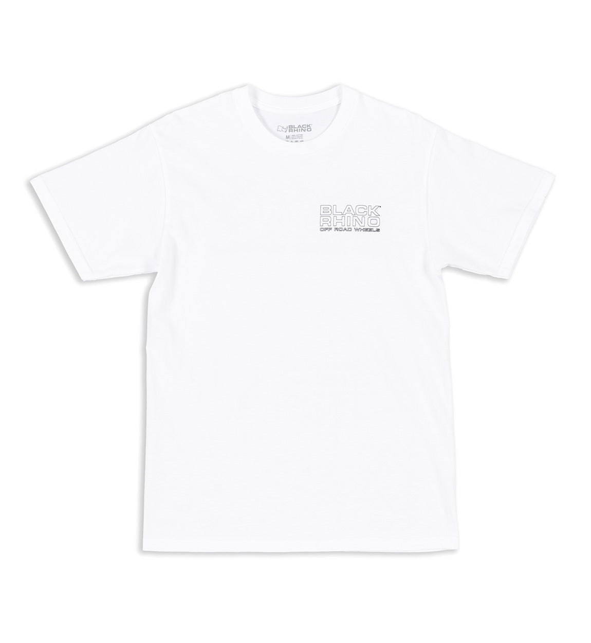 Black Rhino logo short sleeve tee in white, featuring a bold black logo on the front.