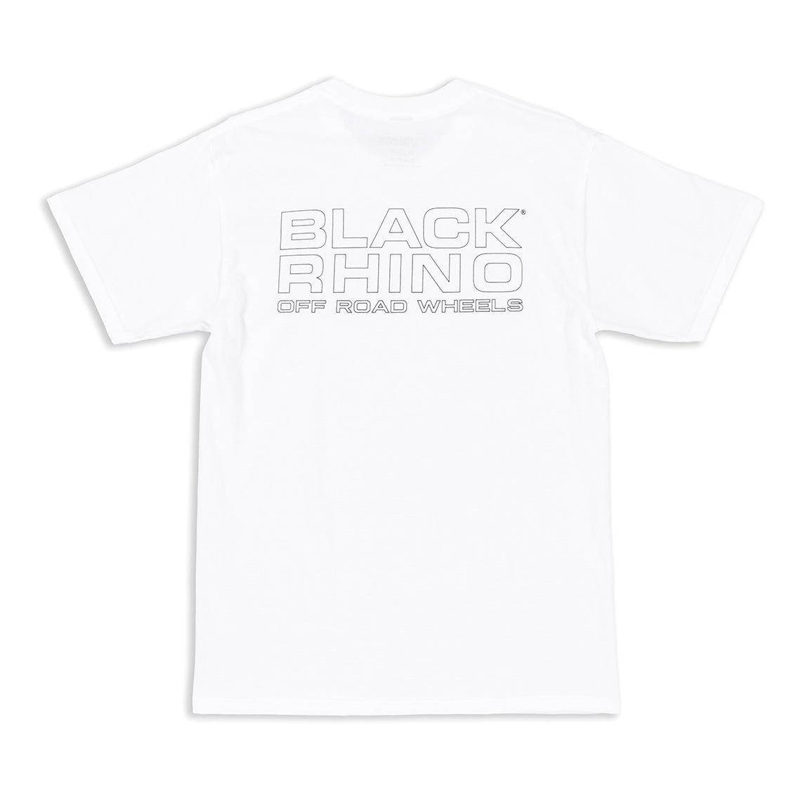 Black Rhino logo short sleeve t-shirt in white, featuring a bold black logo on the front.