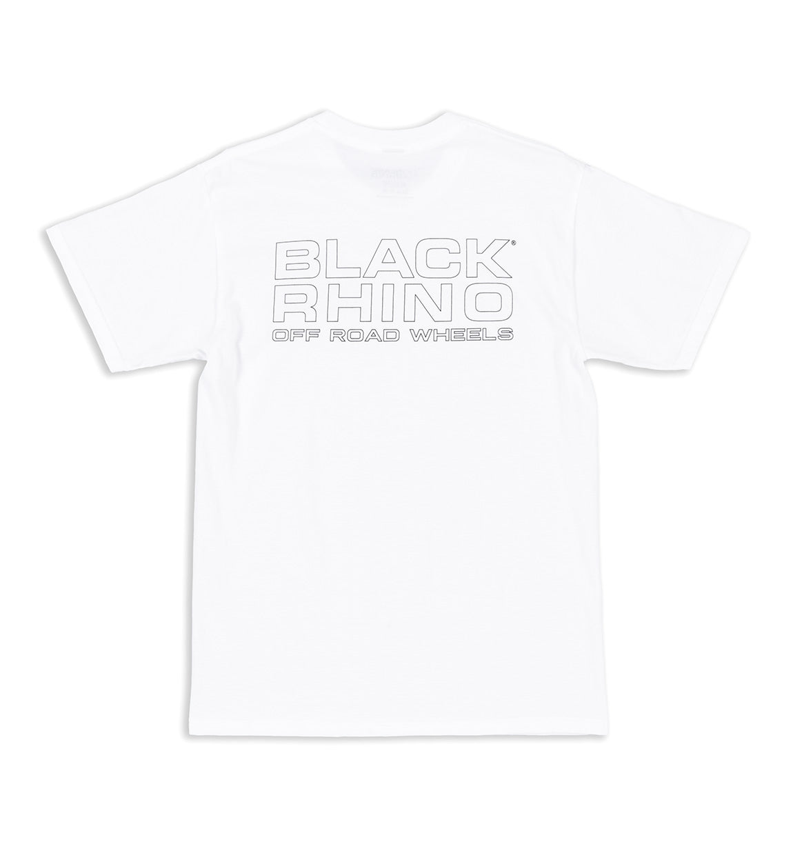 Black Rhino logo short sleeve t-shirt in white, featuring a bold black logo on the front.