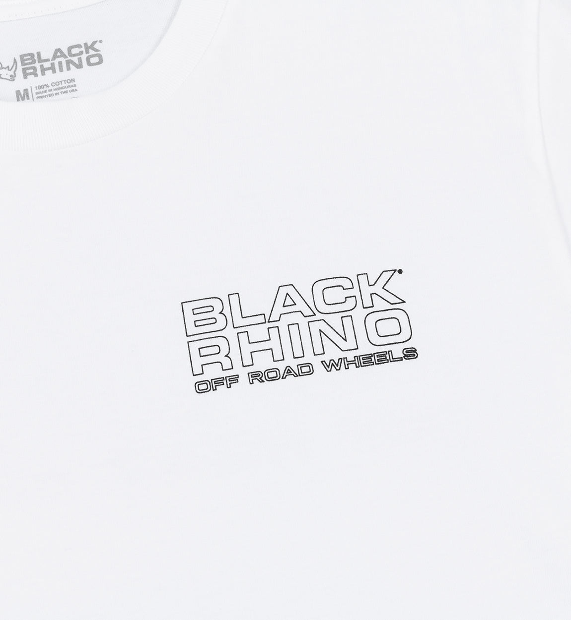 Black Rhino logo short sleeve tee in white, featuring a bold black logo centered on the chest.