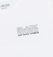 Black Rhino logo short sleeve tee in white, featuring a bold black logo centered on the chest.