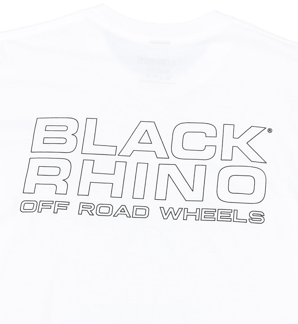 Black Rhino logo short sleeve t-shirt in white, featuring a bold black logo design on the chest.