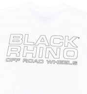 Black Rhino logo short sleeve t-shirt in white, featuring a bold black logo design on the chest.