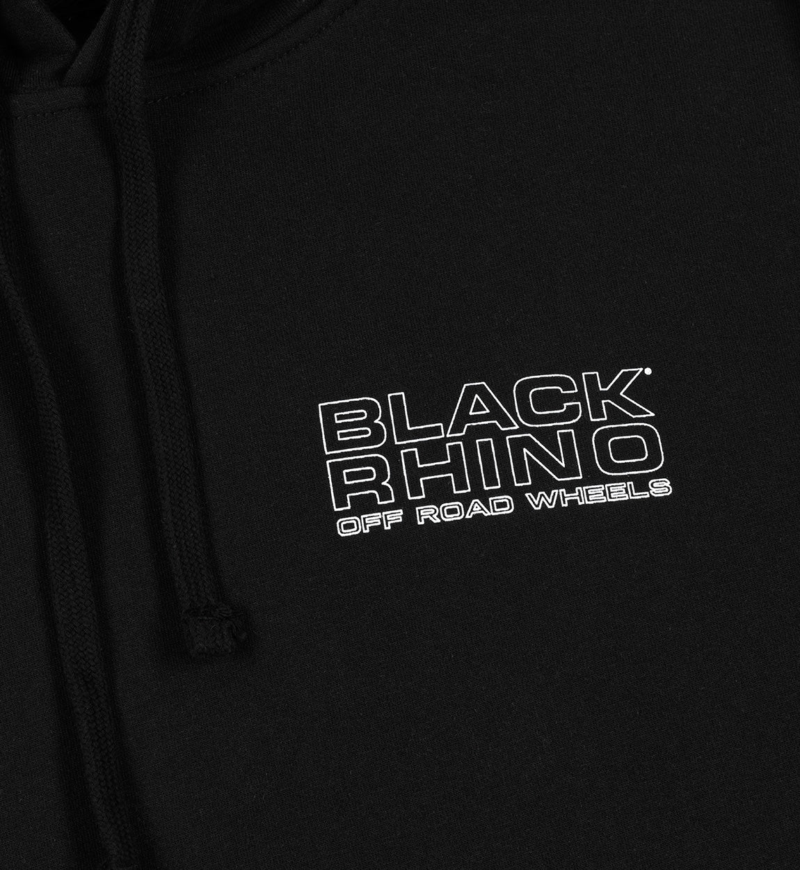 Black Rhino logo hoodie featuring a front kangaroo pocket, drawstring hood, and a bold logo design on a black background.
