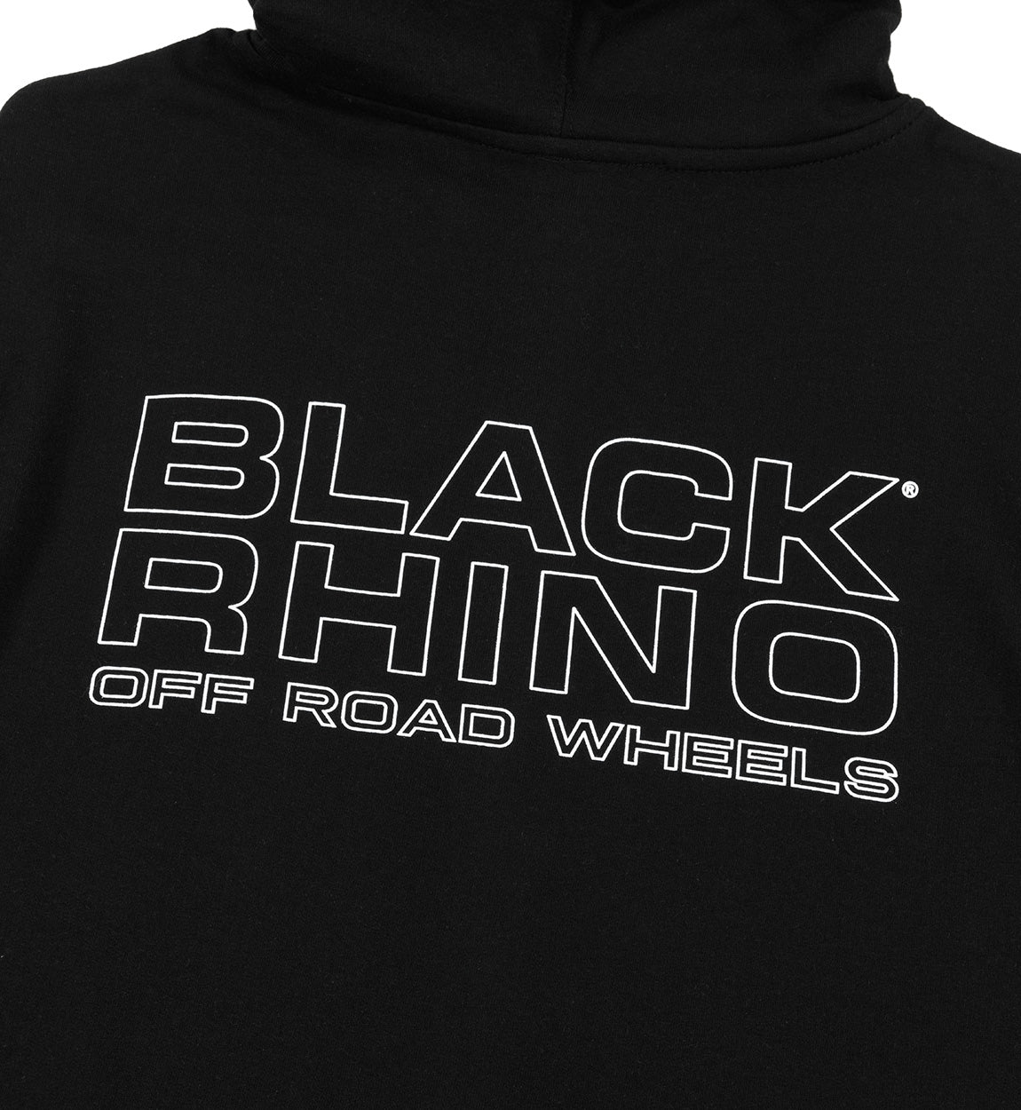 Black Rhino logo hoodie in black, featuring a front kangaroo pocket and drawstring hood.