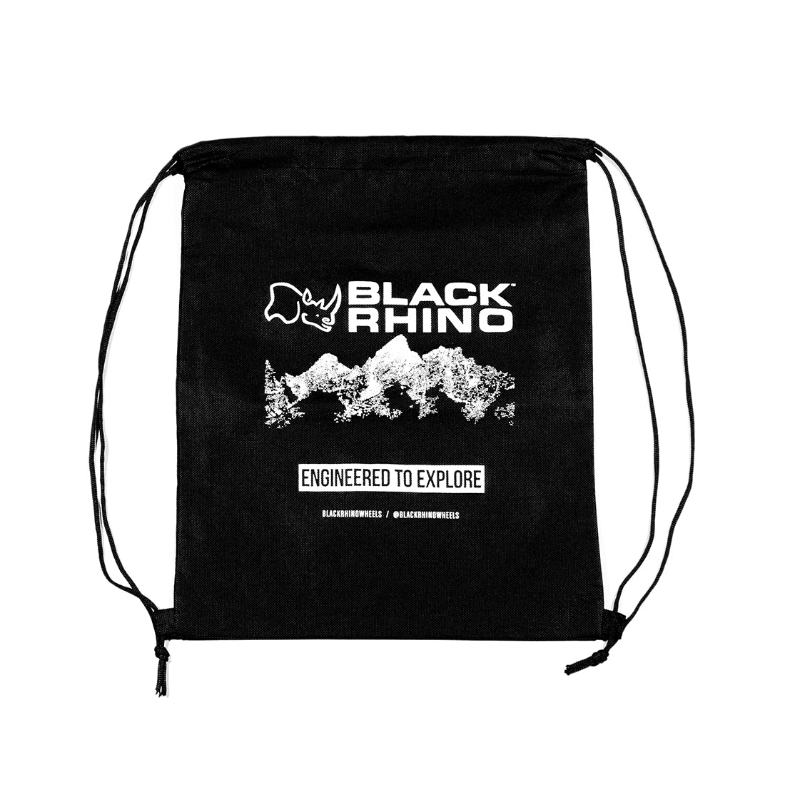 Black Rhino drawstring bag featuring a sleek black design with a logo on the front.