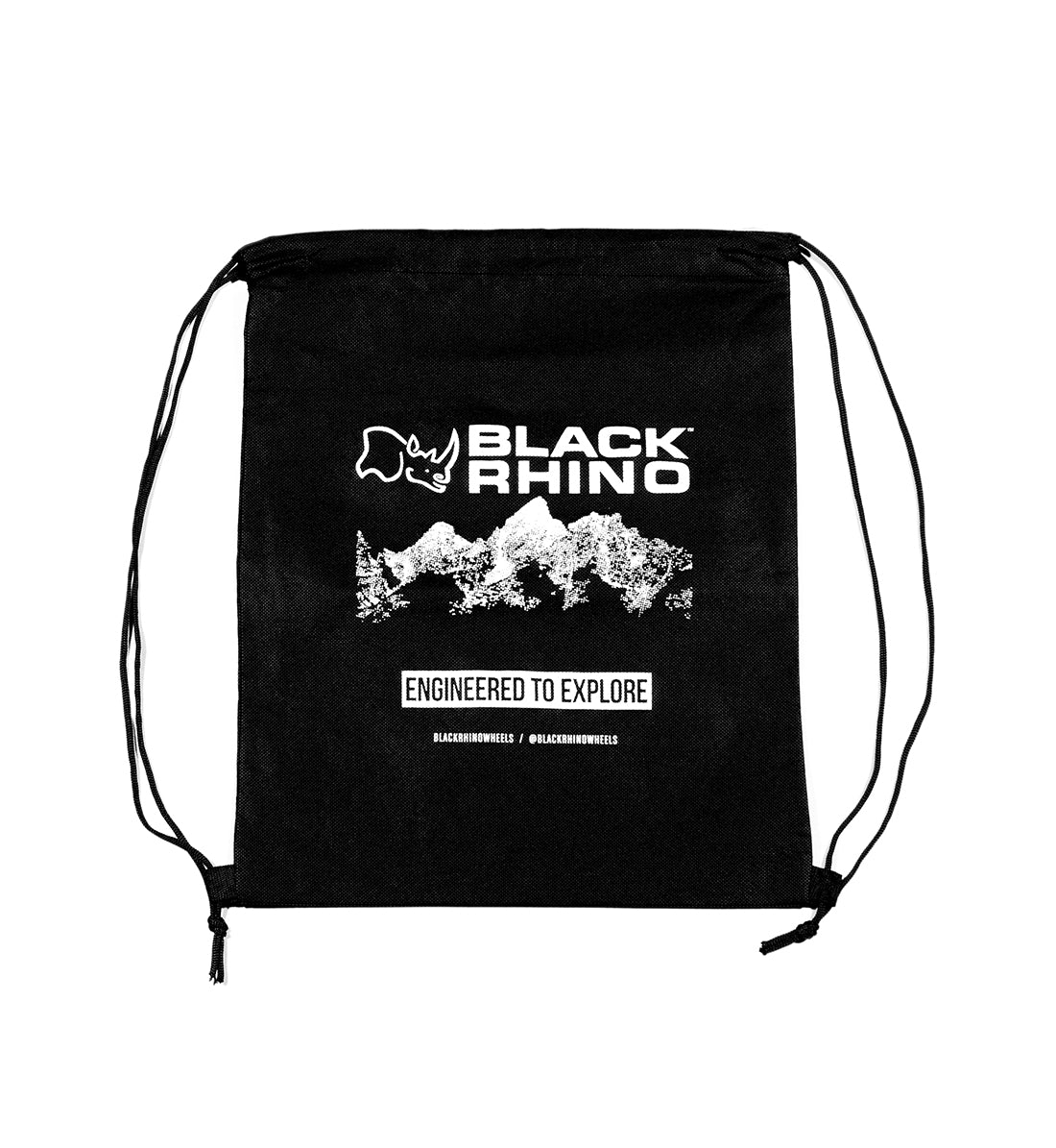 Black Rhino drawstring bag featuring a sleek black design with a logo on the front.
