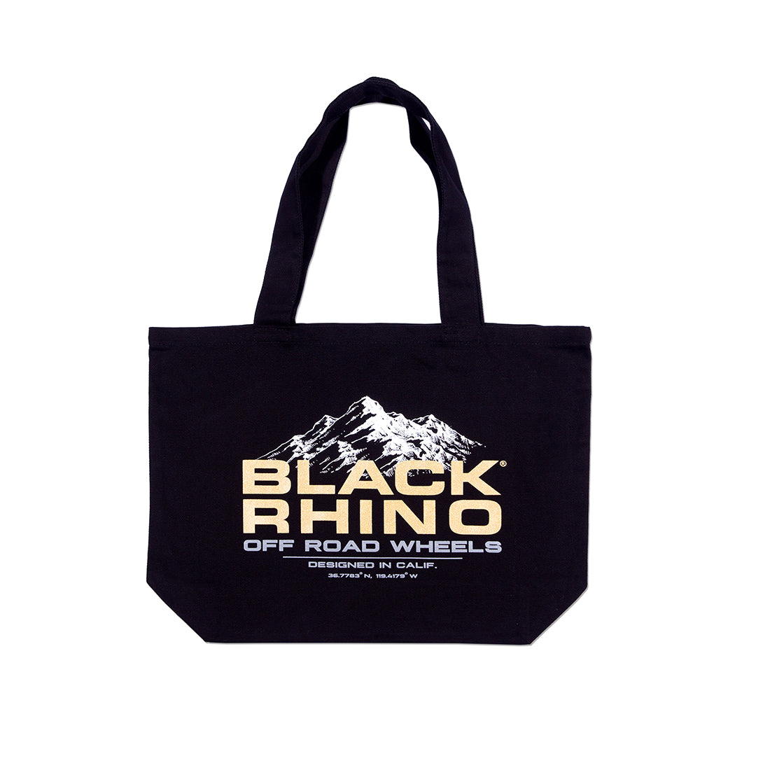 Black tote bag featuring a mountain graphic and "Black Rhino Off Road Wheels" logo in beige and white.
