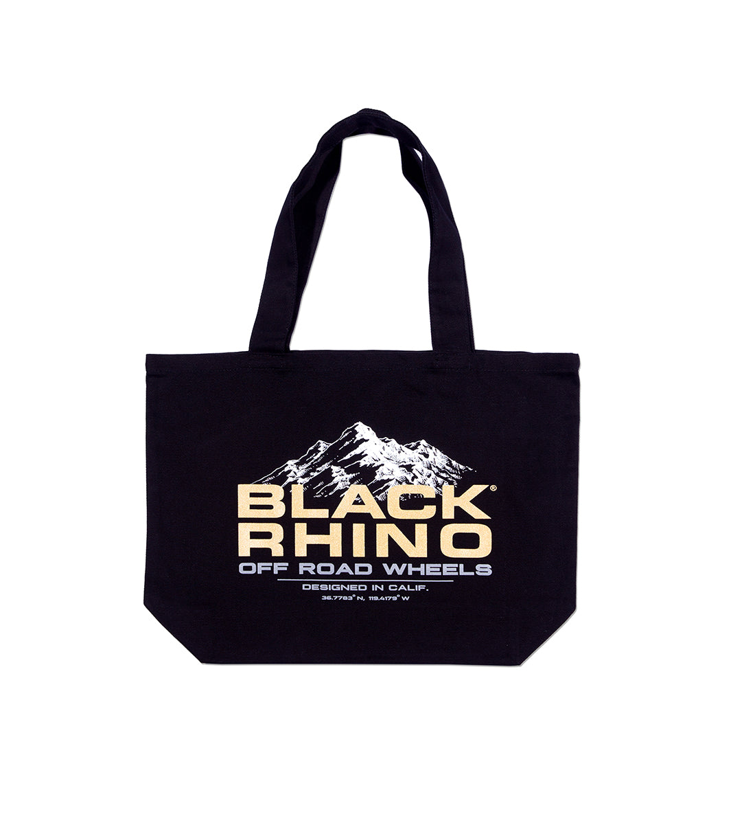 Black tote bag featuring a mountain graphic and "Black Rhino Off Road Wheels" logo in beige and white.