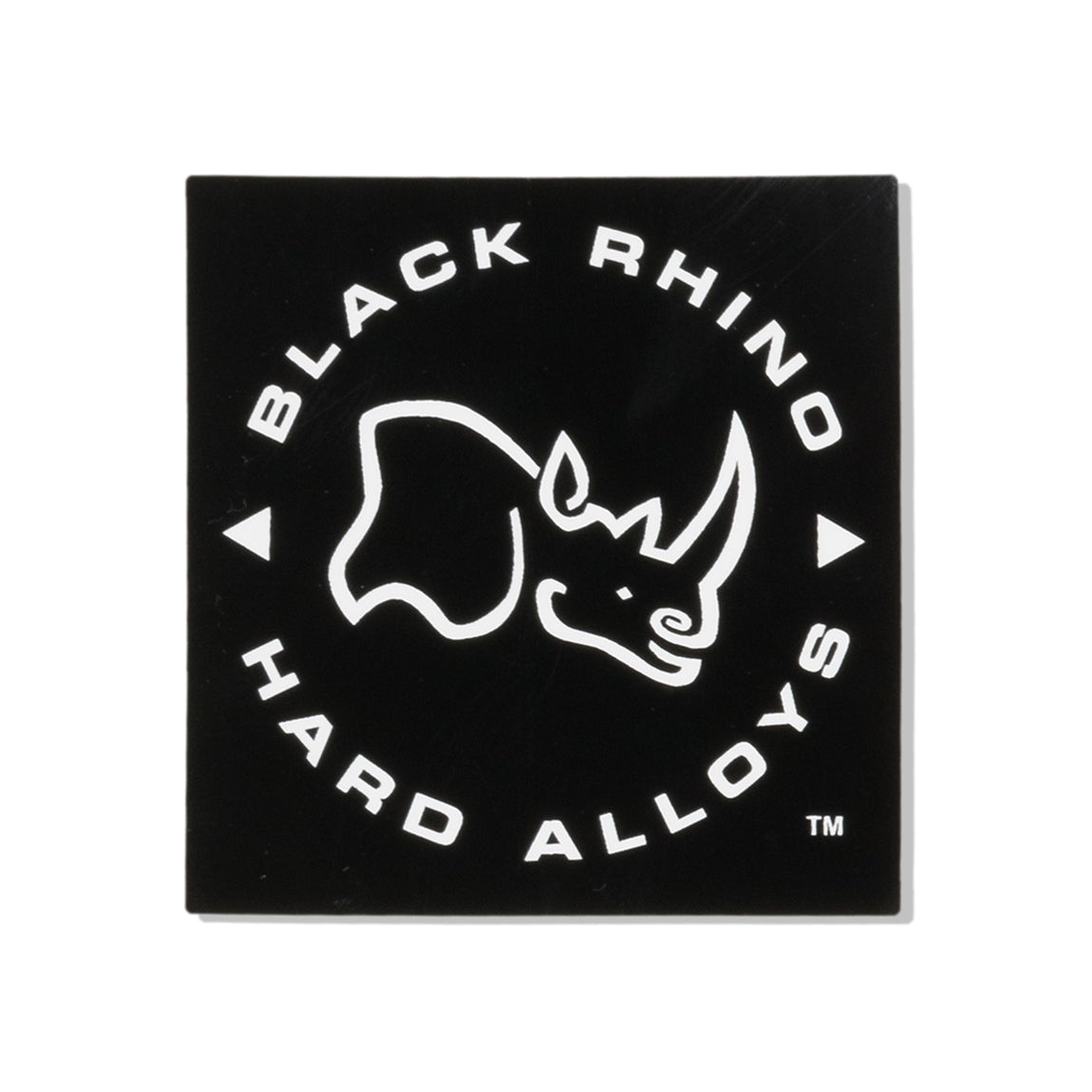 Black Rhino square sticker measuring 2.5 inches featuring a bold black and white rhino design.