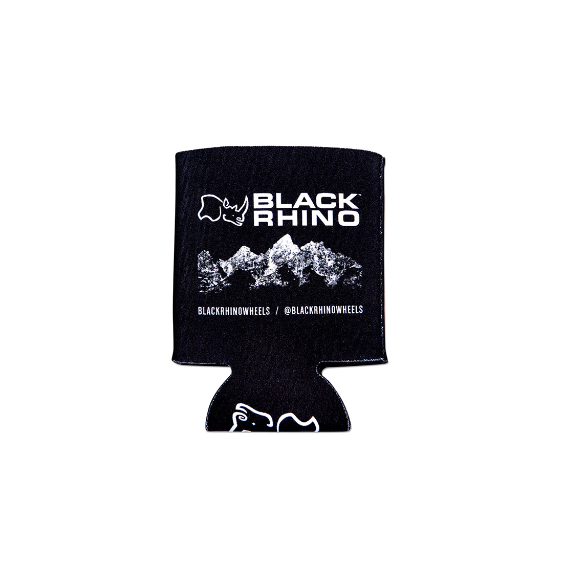 Black Rhino koozie, neoprene beverage holder in black, featuring a front logo design.