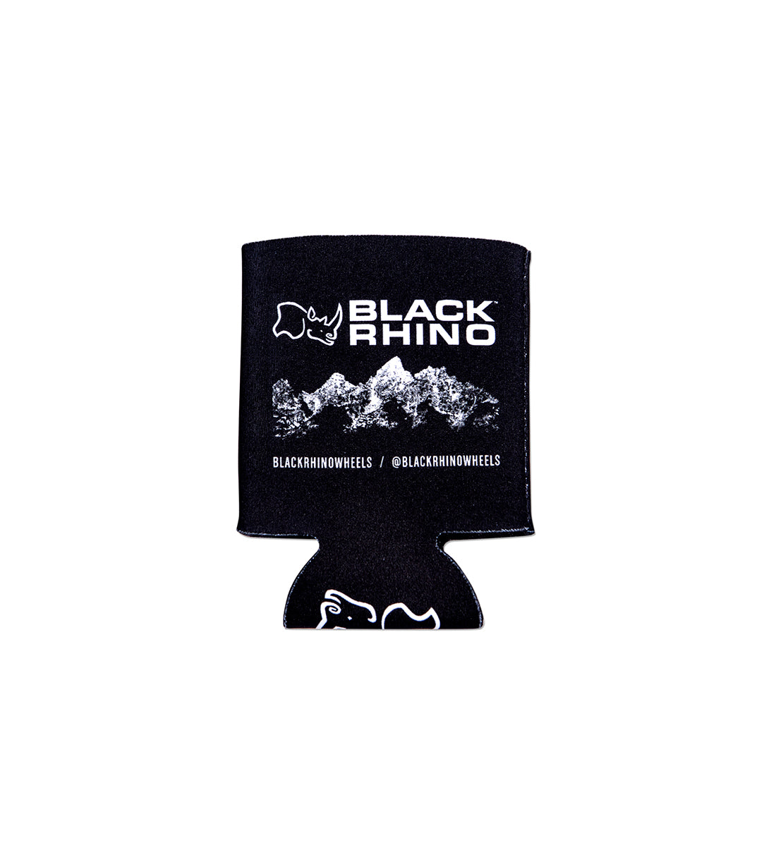 Black Rhino koozie, neoprene beverage holder in black, featuring a front logo design.