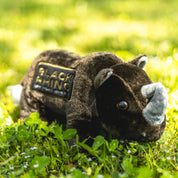 Black Rhino plush toy featuring a soft, grey body, large ears, and an adorable smiling face, perfect for cuddling.
