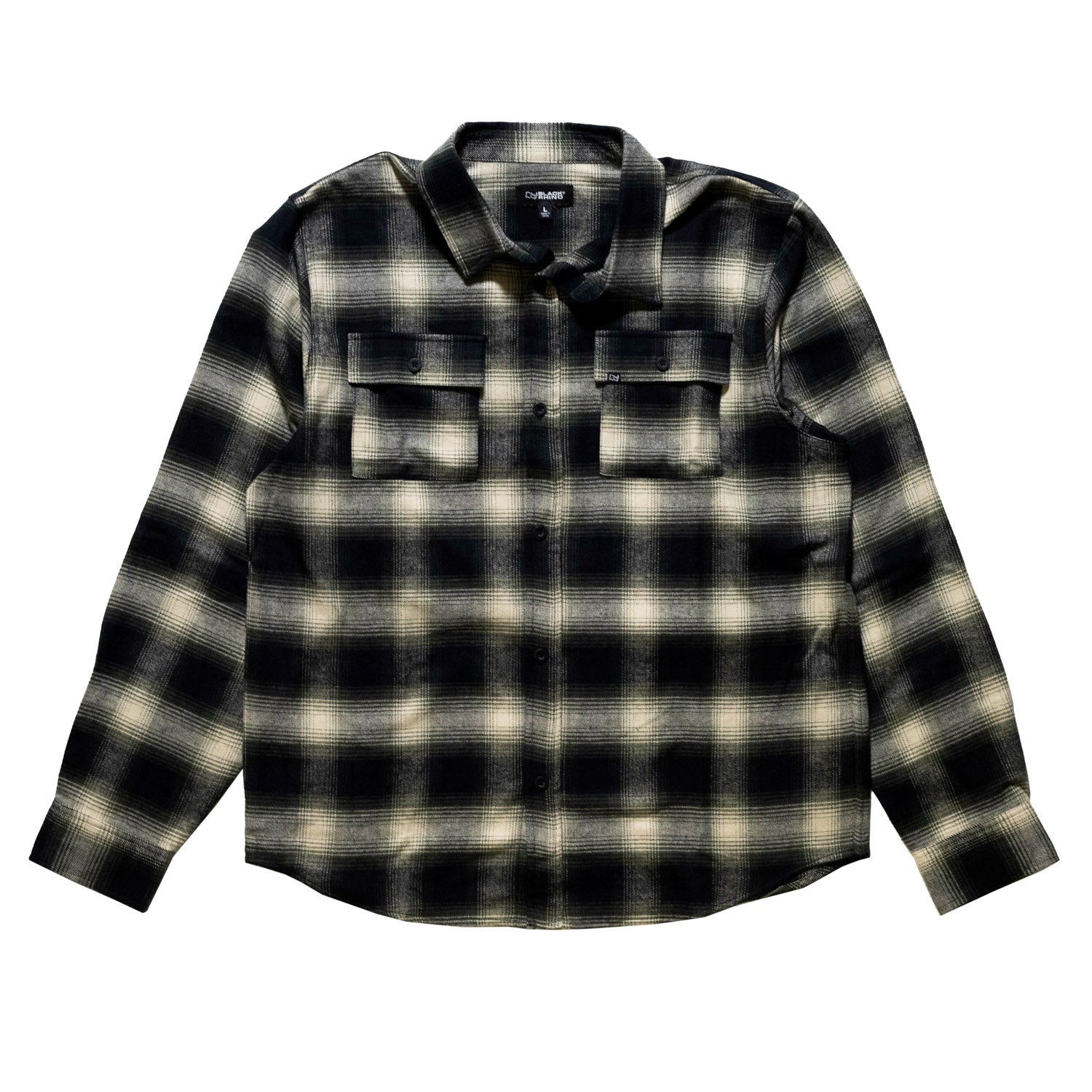 Black Rhino Flannel Long Sleeve Shirt in a checkered pattern featuring shades of black and gray, displayed on a white background.