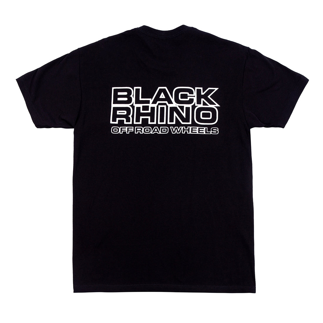 Black Rhino logo short sleeve tee in black, featuring a prominent logo design on the back.