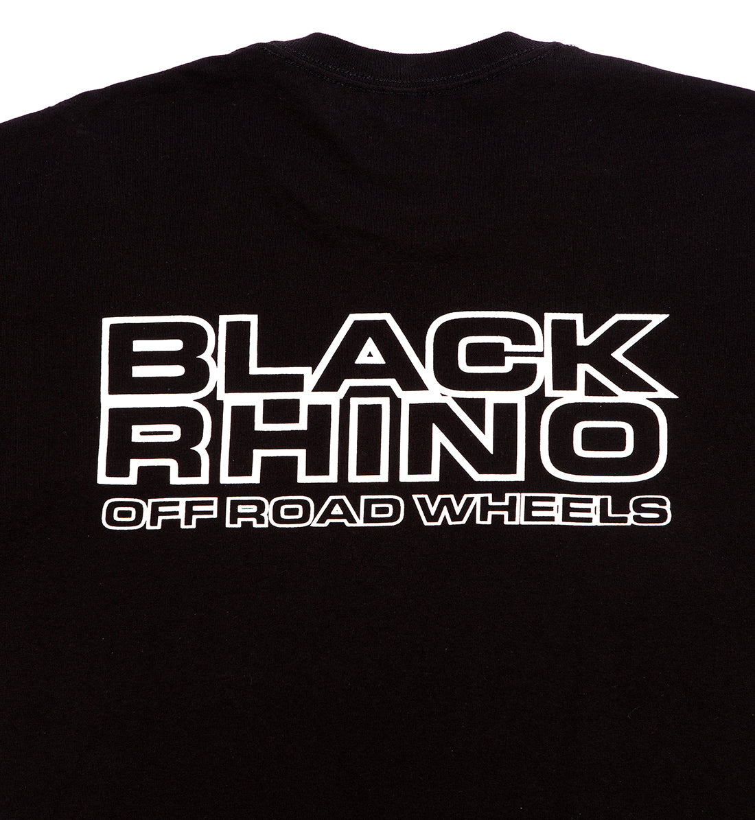 Black Rhino logo short sleeve tee shirt in black with a detailed back design.