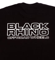 Black Rhino logo short sleeve tee shirt in black with a detailed back design.