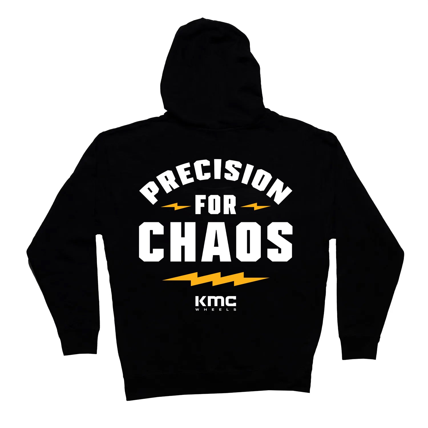 Black pullover hoodie featuring bold white text that reads "PRECISION FOR CHAOS" with lightning graphics on the back.
