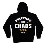 Black pullover hoodie featuring bold white text that reads "PRECISION FOR CHAOS" with lightning graphics on the back.