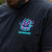 Black short sleeve Hoonigan TREADWEAR t-shirt featuring a vibrant graphic of a steering wheel and flames.