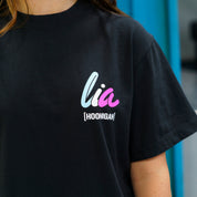 Black short sleeve premium tee featuring "lia" and "[HOONIGAN]" graphics, celebrating motorsport culture and style.