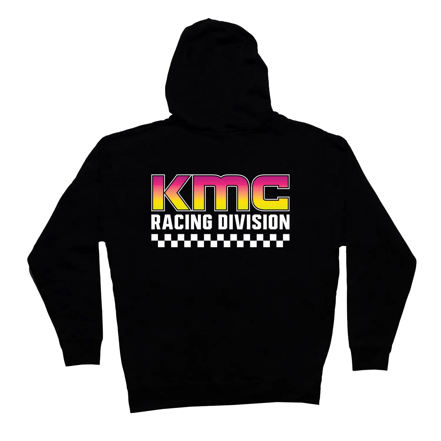 Black pullover hoodie featuring KMC Racing Division logo with a vibrant gradient and checkered pattern on the back.