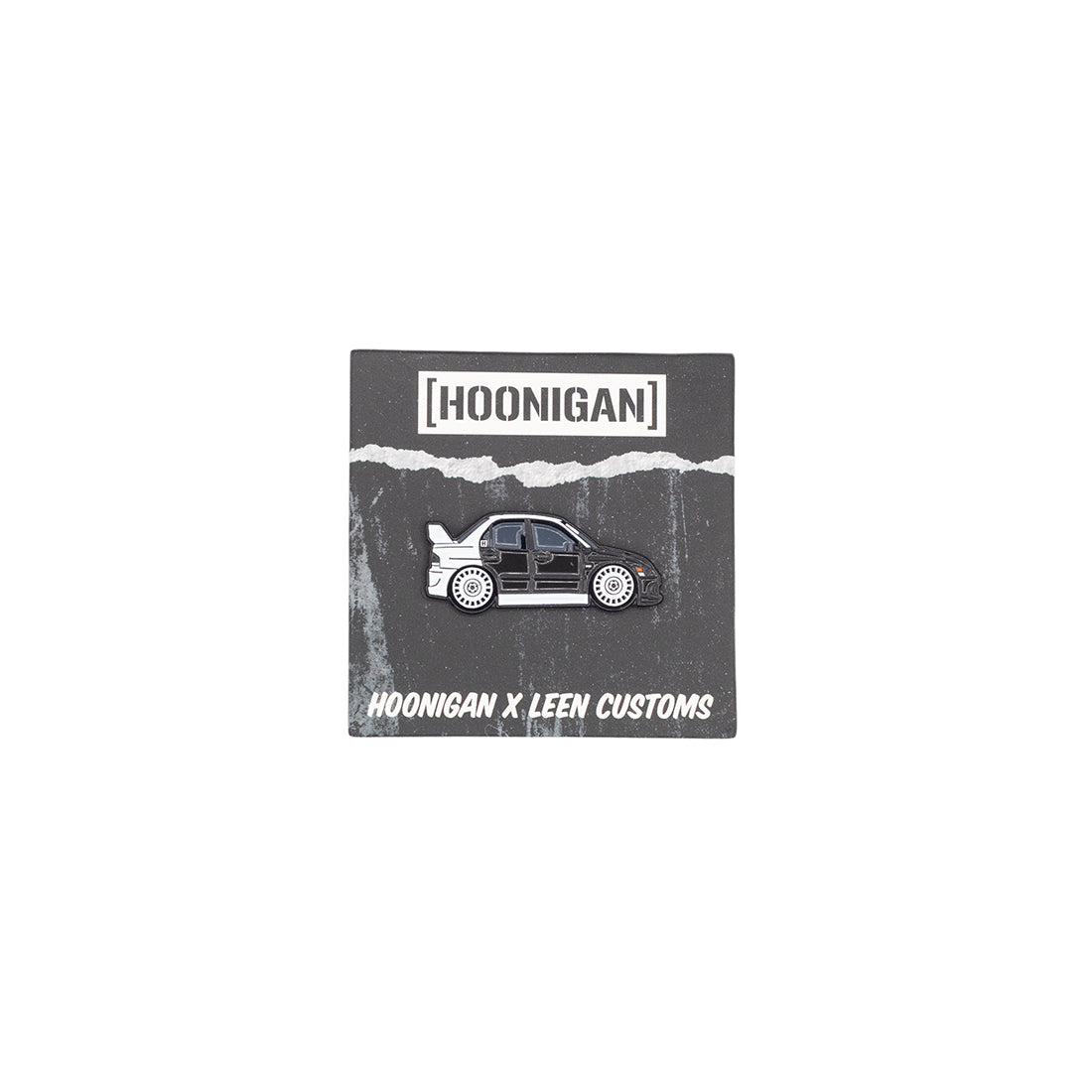 Hoonigan X Leen Customs PROJECT RONNI collectible enamel pin featuring a stylized car design on a black background.