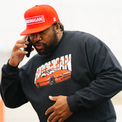 Hoonigan FC ROTARY crewneck pullover sweatshirt in black with bold white graphics, featuring a relaxed fit and ribbed cuffs.