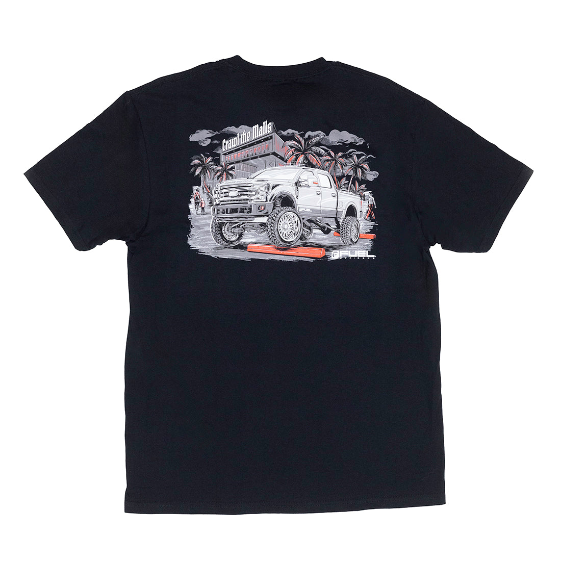 Black short sleeve tee featuring "Fuel MALL CRAWL" graphic on the front, made from soft cotton fabric.