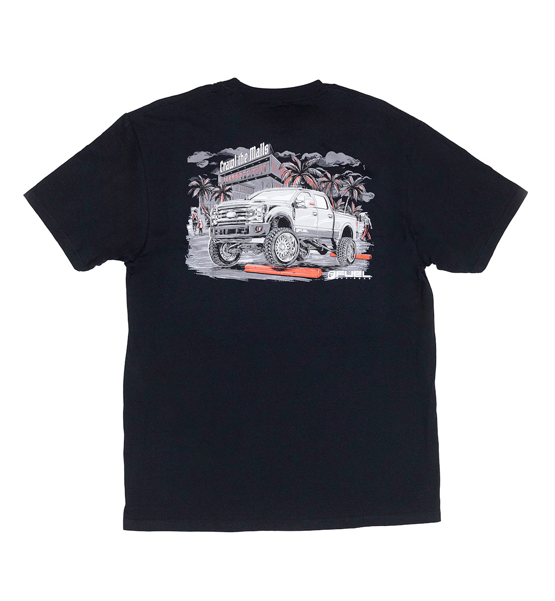 Black short sleeve tee featuring "Fuel MALL CRAWL" graphic on the front, made from soft cotton fabric.