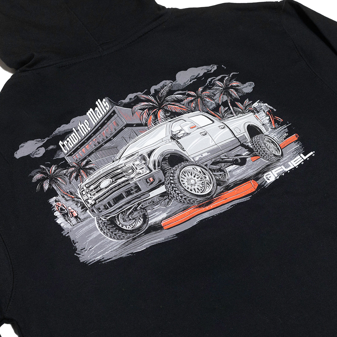 Black Fuel MALL CRAWL pullover hoodie featuring a graphic logo on the front, adjustable drawstring hood, and kangaroo pocket.