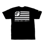 Fuel 'MERICA Short Sleeve Tee in navy blue featuring a patriotic design with bold white lettering. Perfect for casual wear and celebrating American pride.