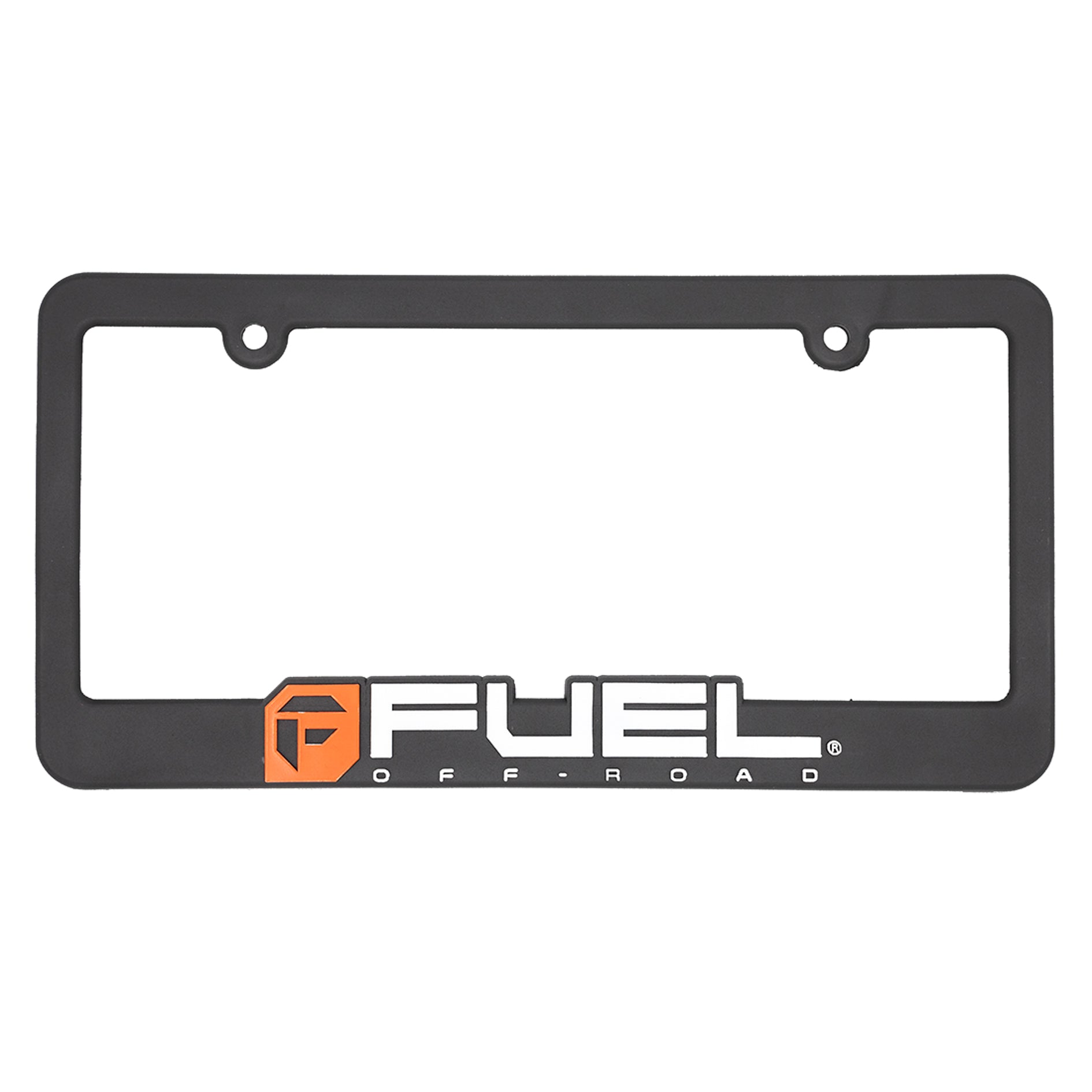 Fuel OFF-ROAD License Plate Frame featuring a sleek black design with 'Fuel' branding, suitable for enhancing vehicle aesthetics.