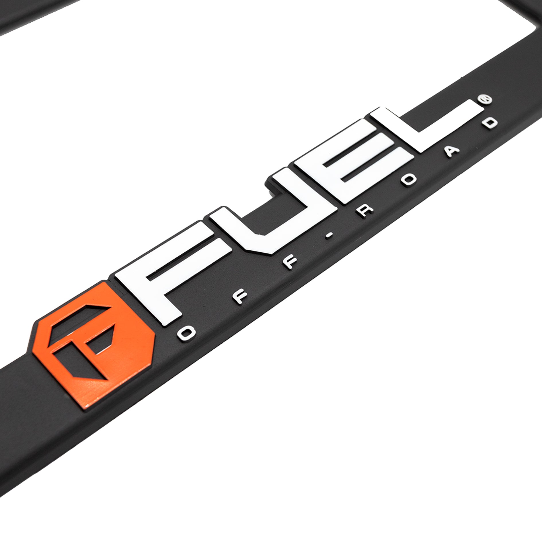 Fuel OFF-ROAD black license plate frame with embossed logo and rugged design.