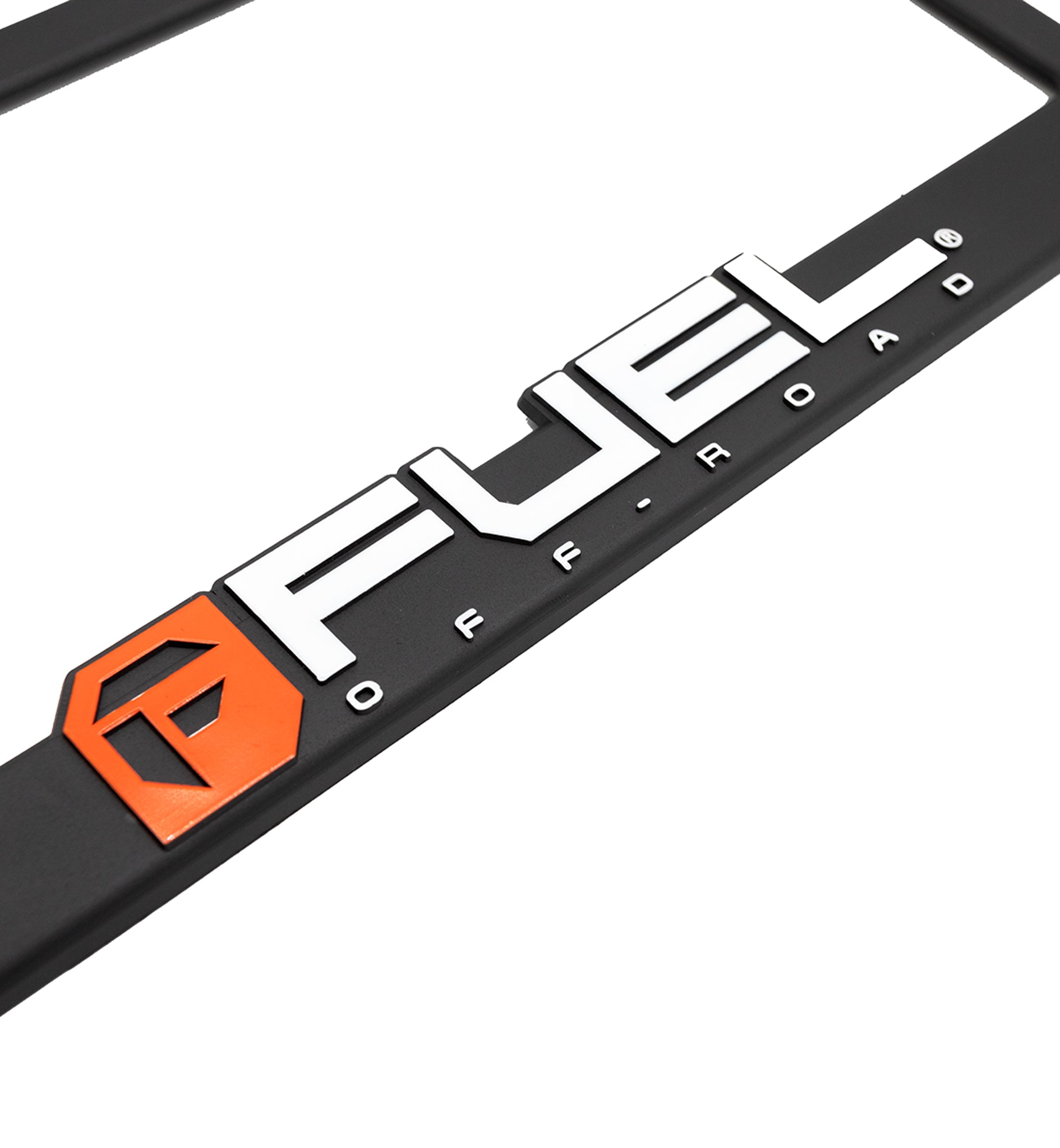 Fuel OFF-ROAD black license plate frame with embossed logo and rugged design.