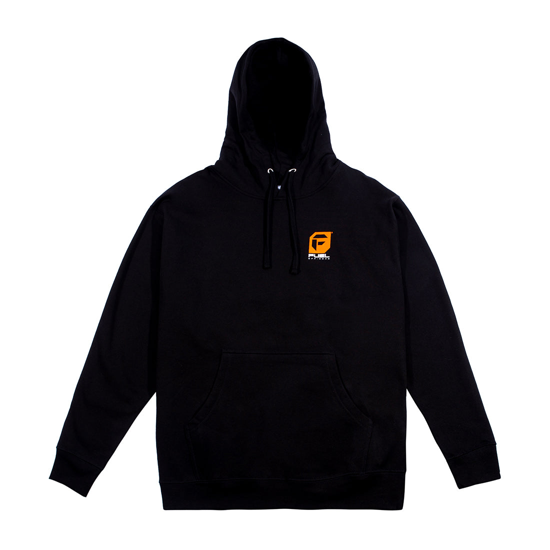Black Fuel Off-Road hoodie with a front pocket, adjustable drawstring hood, and orange Fuel logo on the chest.