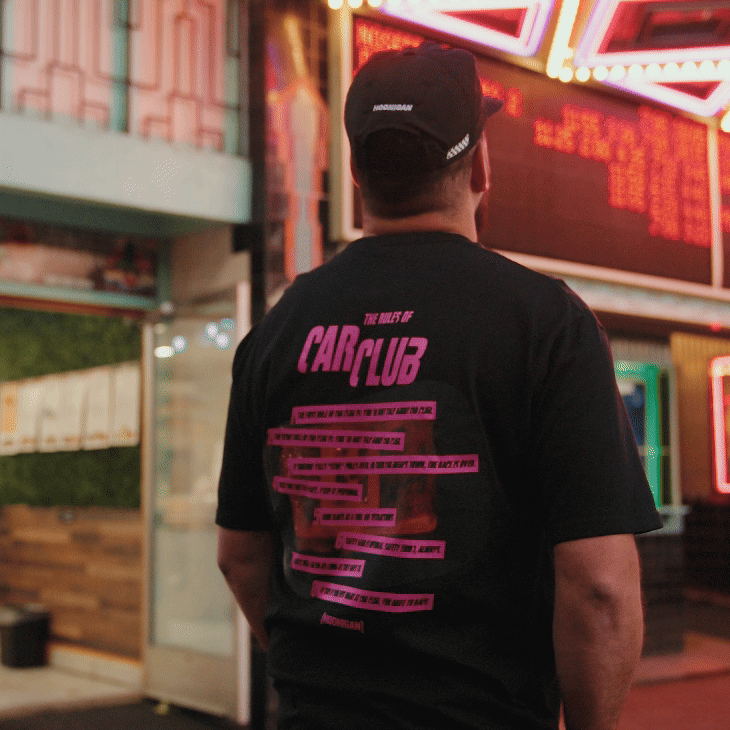 Hoonigan CAR CLUB black short sleeve tee featuring a bold white logo on the front.