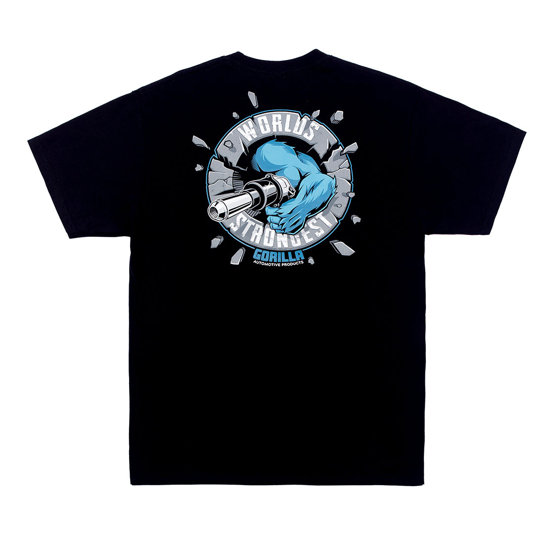 Black short sleeve tee featuring "Gorilla WORLDS STRONGEST" graphics on back, made for durability and comfort.