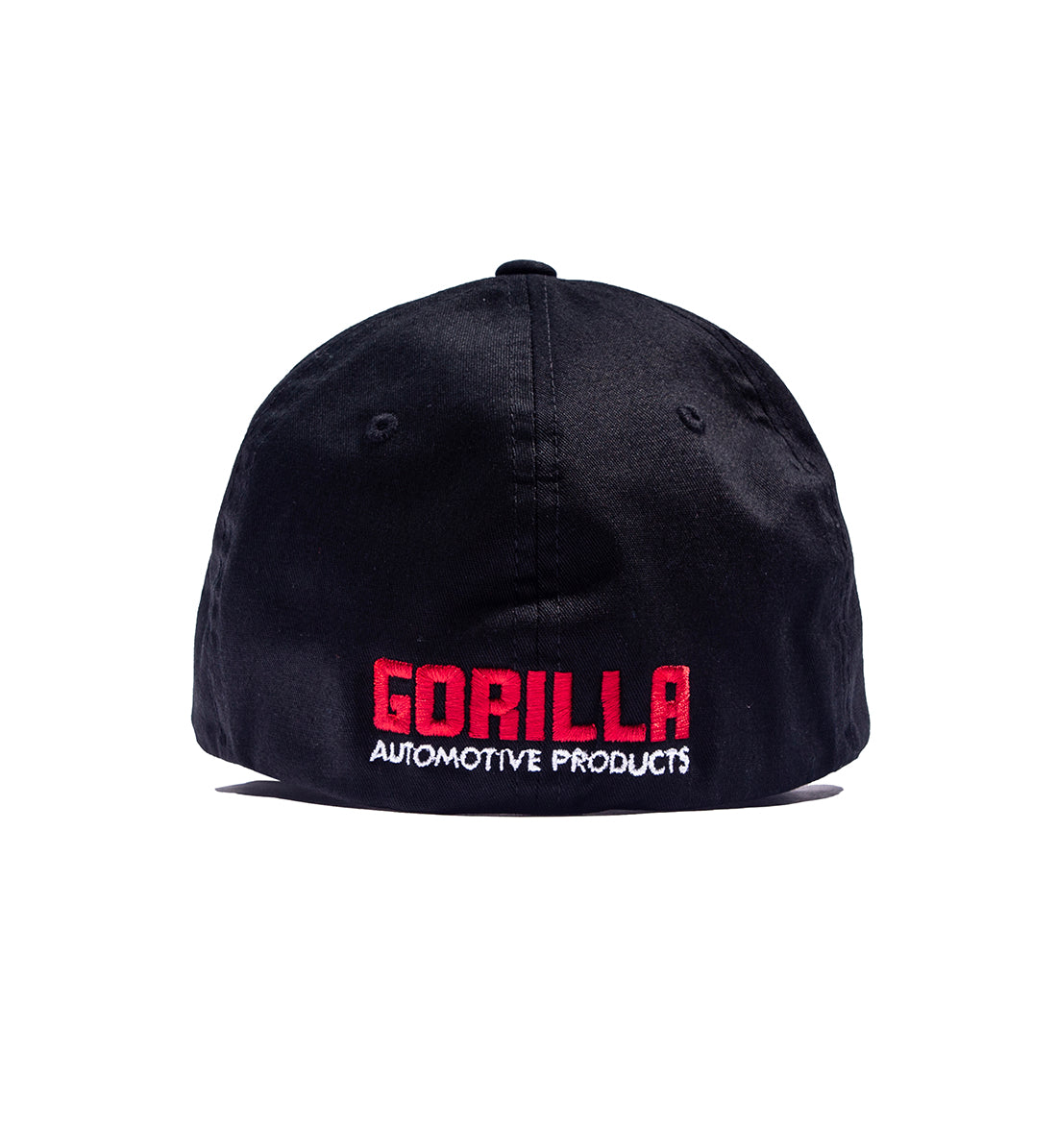 Black Gorilla Automotive FLEXFIT hat with red embroidered "GORILLA" and white "AUTOMOTIVE PRODUCTS" text on the front.