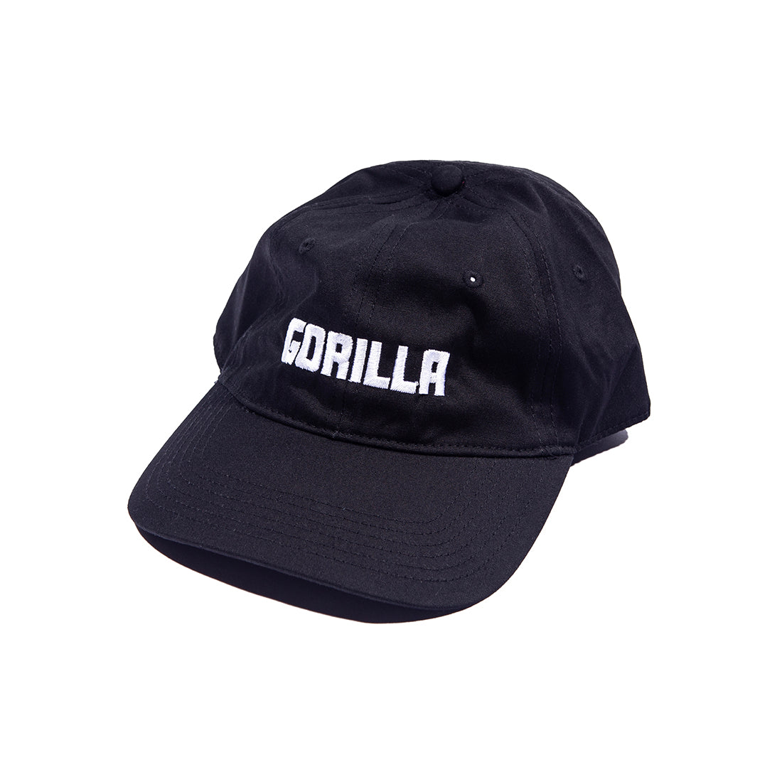 Black Gorilla unstructured dad hat with embroidered logo, featuring a curved visor and adjustable strap, shown at an angle.