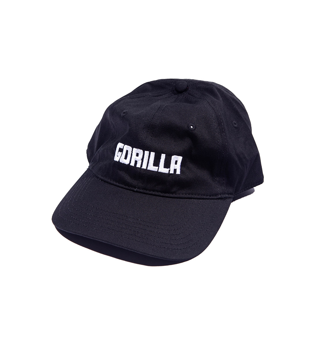 Black Gorilla unstructured dad hat with embroidered logo, featuring a curved visor and adjustable strap, shown at an angle.