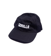 Black Gorilla unstructured dad hat with embroidered logo, featuring a curved visor and adjustable strap, shown at an angle.