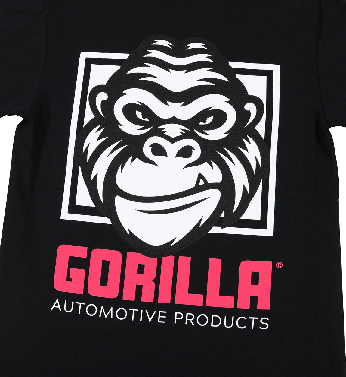 Gorilla logo short sleeve t-shirt featuring bold red text on a black background.