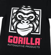 Gorilla logo short sleeve t-shirt featuring bold red text on a black background.